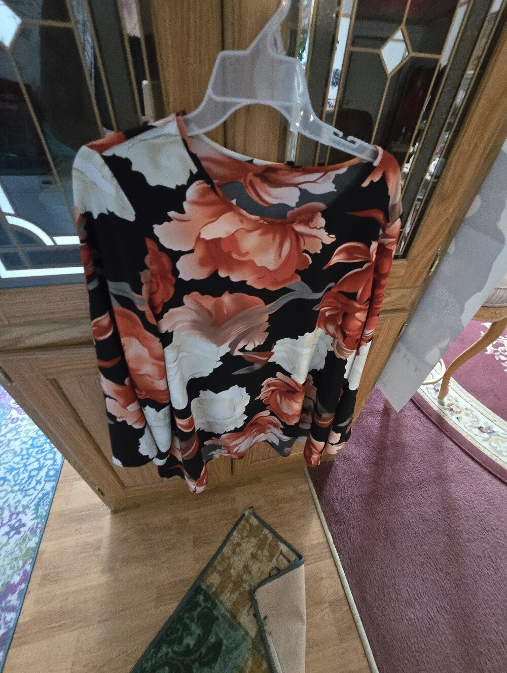 Women’s Floral Long-Sleeve Top - Black with Coral & Cream